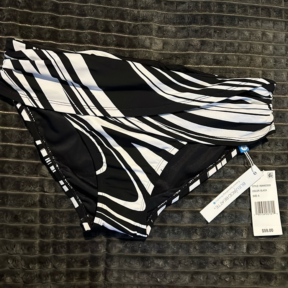 New NWT Bleu Rod Beattie Black White Swim Bottom Stripe Foldover Waist Sz 6